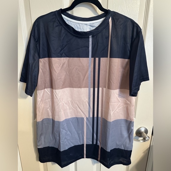 Other - Men’s Striped Short Sleeve Resortwear Tee w Modern Design, Blue & Tan, Size XL